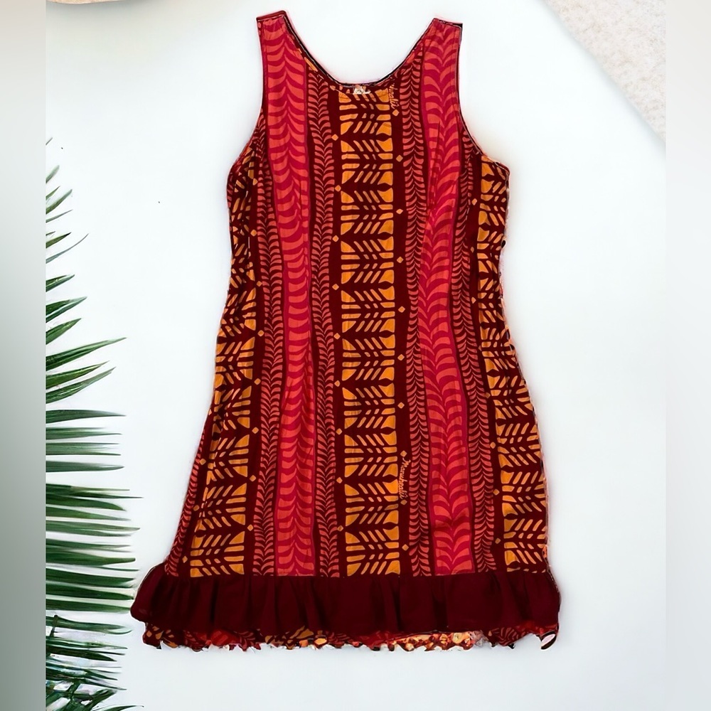 Manuhealii manuheali’i Ruffle Trim dress Hawaiian Small Rayon Bright Tribal